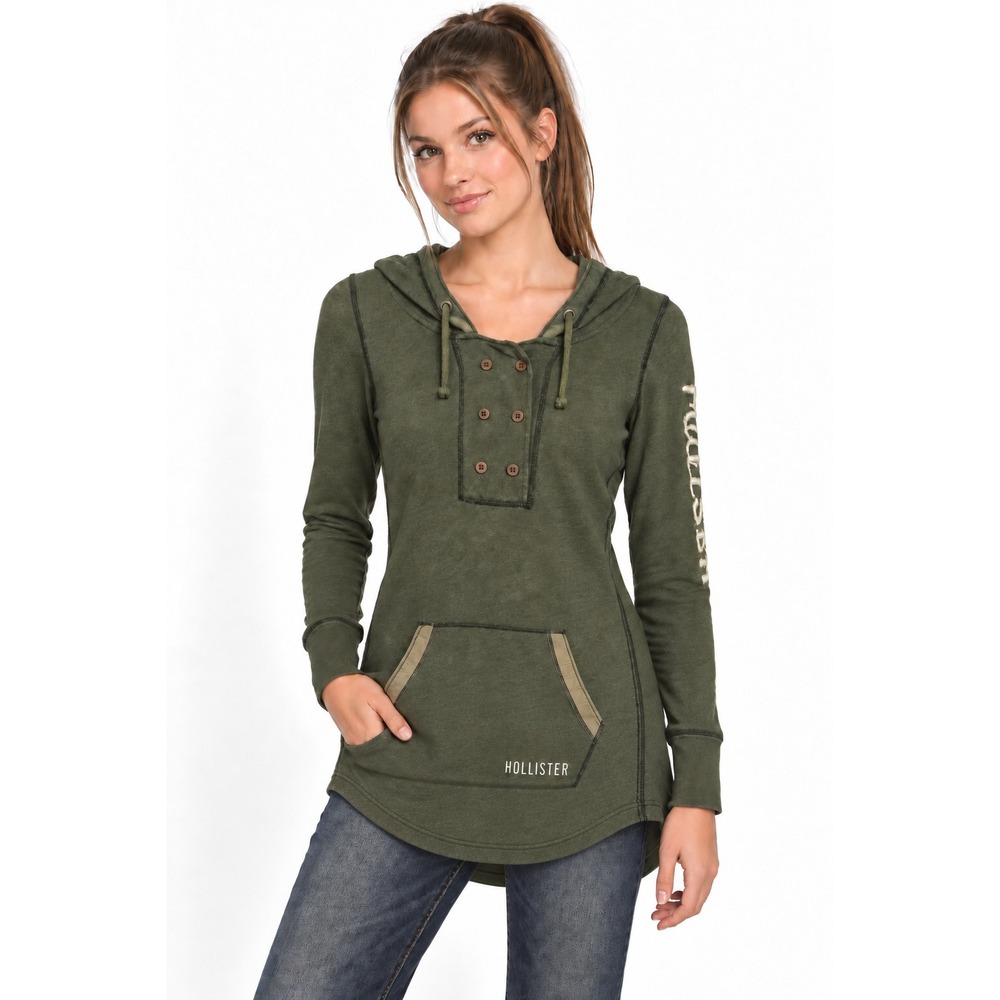 Y2K Hollister Hoodie XS Olive Green Button‎ Placket Logo Sleeve Mallcore Preppy